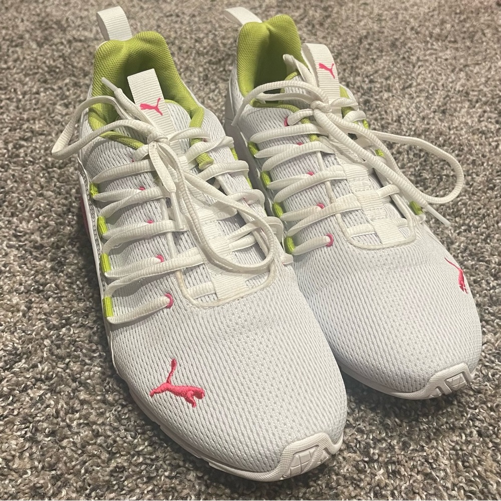 Puma women’s tennis shoes. Size 8.5. White with lime green and pink. Worn once.
